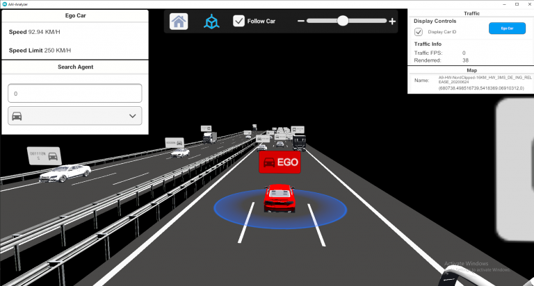 Computersimulation von Verkehr auf der Autobahn. Das Fahrverhalten eines roten Autos wird mit verschiedenen Parametern gemessen.