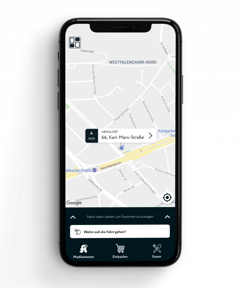 Smartphone auf dessen Screen der Abholort für CABDO eingzeichnet ist