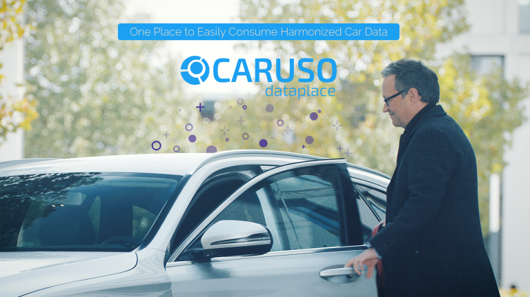 Mann mit Brille und Mantel öffnet die Tür eines Pkw. Auf dem Bild ist Schrift eingefügt One Place to Easily Consume Harmonized Car Data - CARUSO dataplace