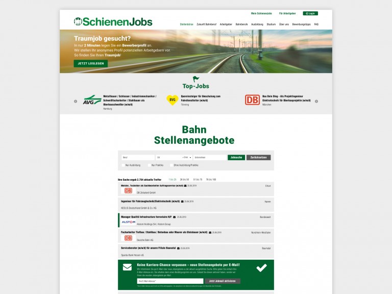 Webansicht der Startseite von Schienenjobs.de