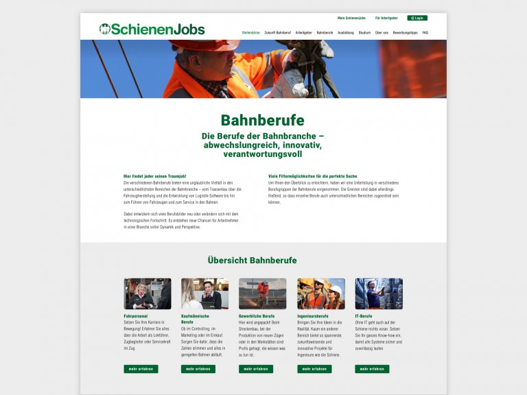 Screenshot der Website mit der Übersicht der angebotenen Berufsgruppen Fahrpersonal, Kaufmännsiche Berufe, Gewerbliche Berufe, Ingenierberufe und IT-Berufe.