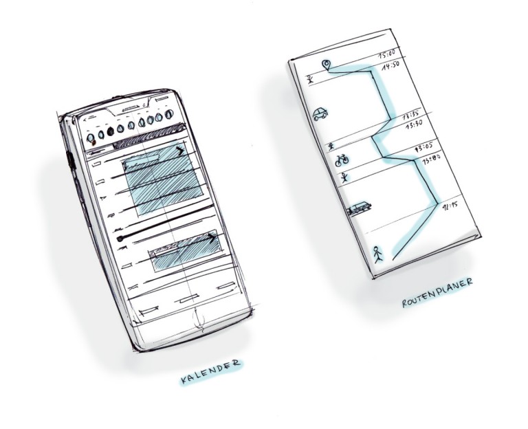 Zeichnung: Ein digitaler Kalender und ein digitaler Routenplaner visualisieren die Idee
