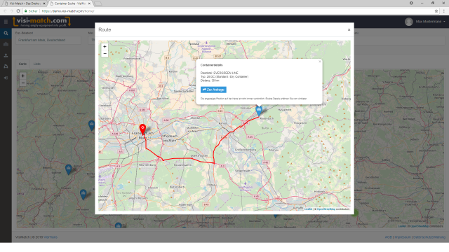 Details concerning the container and the distance between loading site and unloading site on the platform Visi-match.com